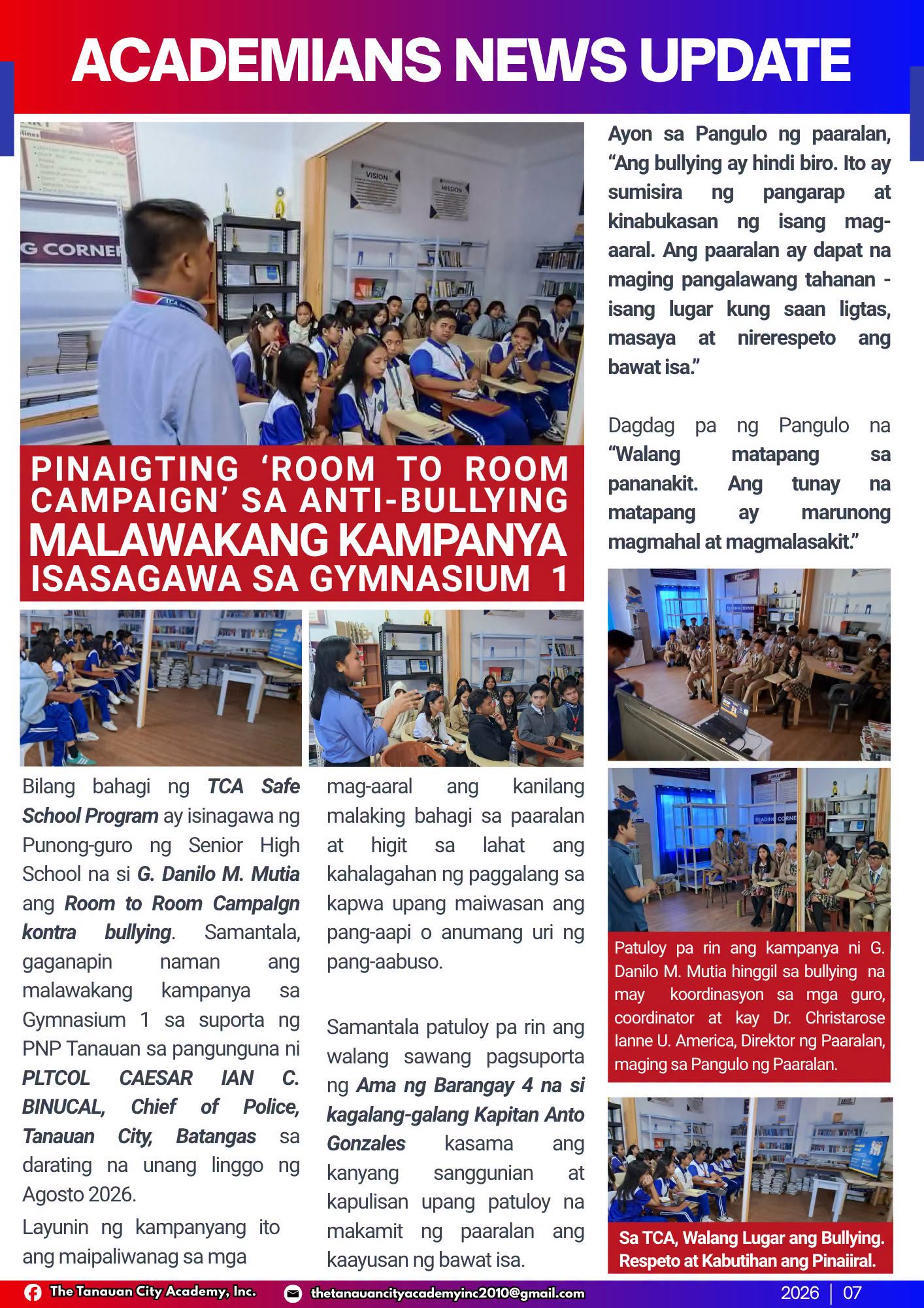 TCA NEWS | Room-to-Room Anti-Bullying Campaign